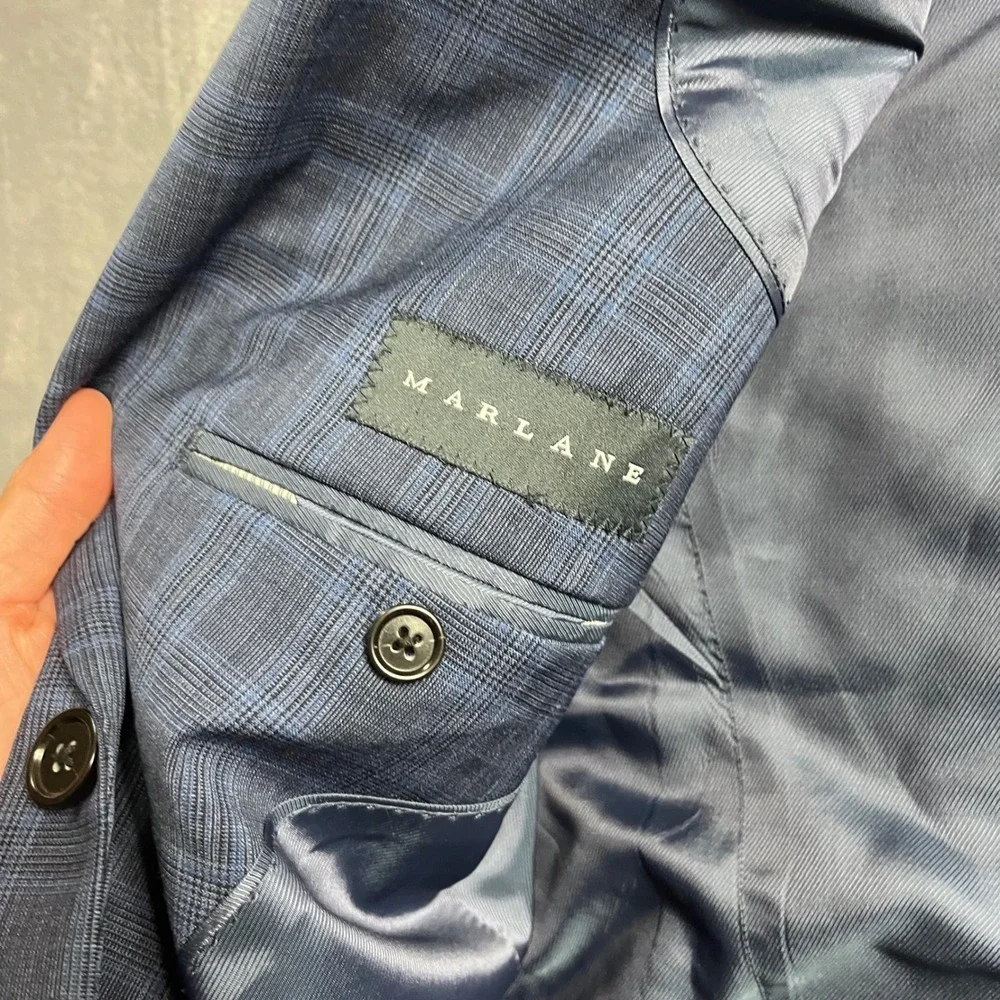 Banana Republic Slim Fit Suit 44R 35x30 Blue Plaid Marlane Italian Wool Mens